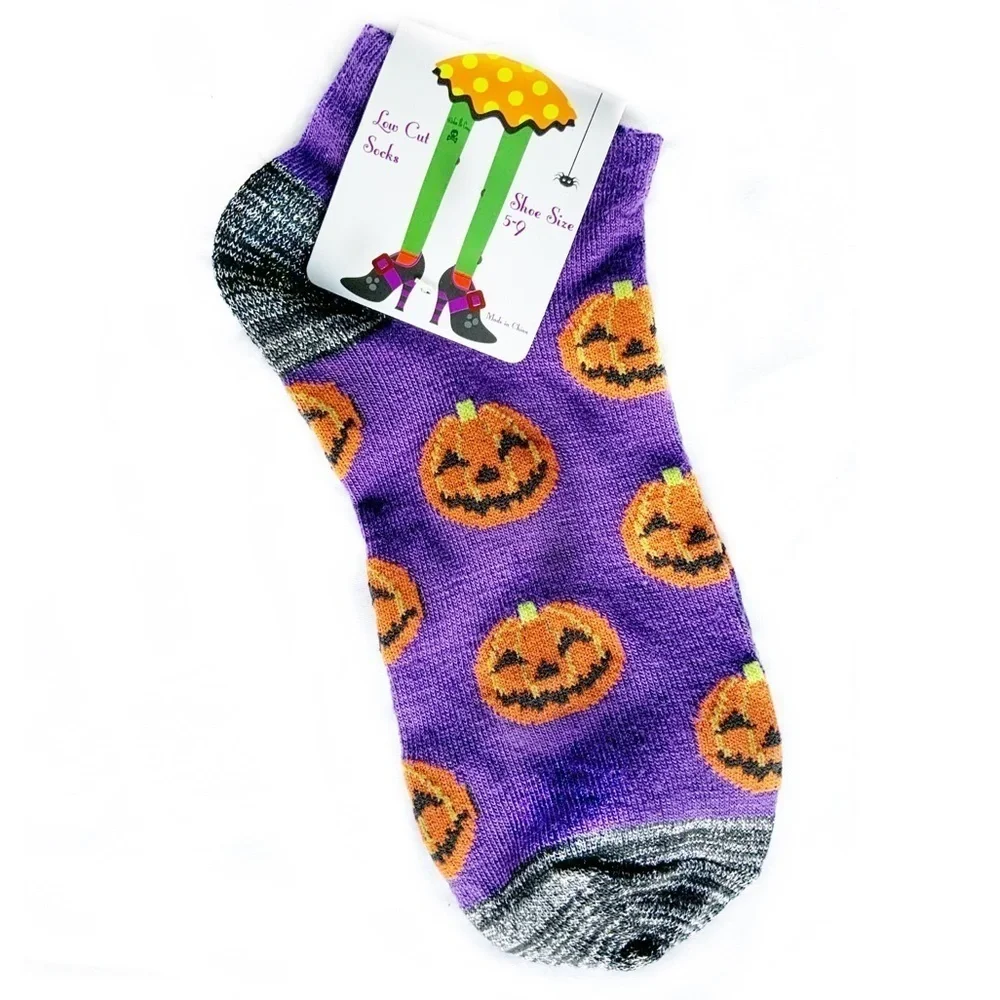 Halloween Socks Fun Colorful by GMI Low Cut Purple Jack O Lanterns Shoe Size 5-9